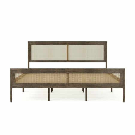 Martha Stewart Jax King Size Solid Wood Platform Bed w/Rattan Headboard and Footboard, Brown Gray MG-090022-K-WOAK-MS